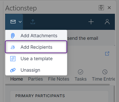 The envelope icon in the add-in is selected and 'add recipients' in the dropdown is highlighted