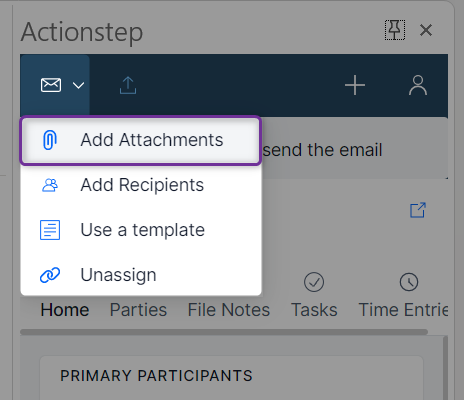 The envelope icon in the add-in is selected and 'add attachments' in the dropdown is highlighted