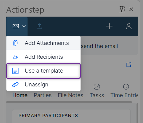The envelope icon in the add-in is selected and 'use a template' in the dropdown is highlighted