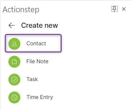 Actionstep add-in menu after the '+' icon has been selected. 'Contact' is highlighted