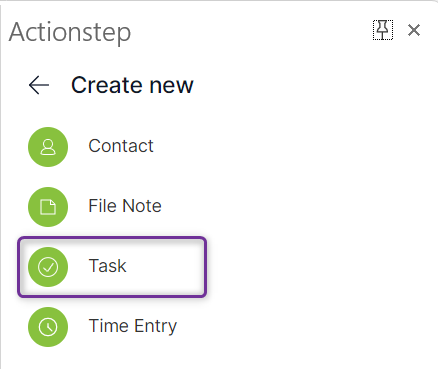 Actionstep add-in menu after the '+' icon has been selected. 'Task' is highlighted