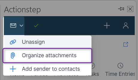 Add-in 'organize attachments' menu item